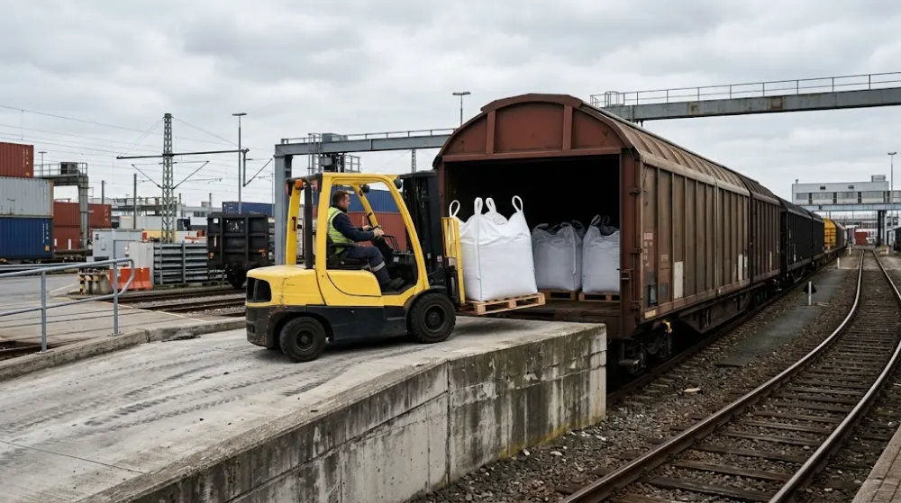 Loading big bags into a covered railway wagon
